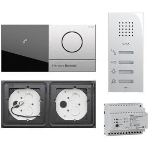 Gira 106 System 2-fach Gegensprechanlagen Set Edelstahl V4A mit Anzeigemodul und Sprachmodul mit 1 RT Edelstahl + Wohnungsstation AP 125003 + Audio-Steuergerät mit Gravur