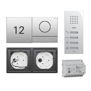 Gira 106 System 2-fach Gegensprechanlagen Set Edelstahl V4A mit Infomodul und Sprachmodul mit 1 RT Edelstahl + Wohnungsstation AP 125003 + Audio-Steuergerät ohne Gravur