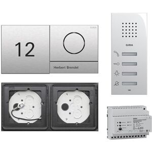 Gira 106 System 2-fach Gegensprechanlagen Set Edelstahl V4A mit Infomodul und Sprachmodul mit 1 RT Edelstahl + Wohnungsstation AP 125003 + Audio-Steuergerät mit Gravur