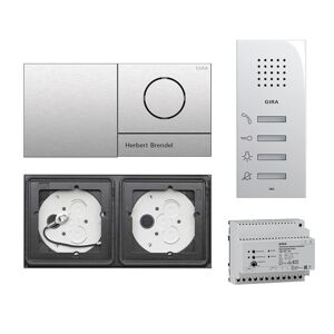 Gira 106 System 2-fach Gegensprechanlagen Set Edelstahl V4A mit Sprachmodul mit 1 RT Edelstahl und Blindmodul + Wohnungsstation AP 125003 + Audio-Steuergerät mit Gravur