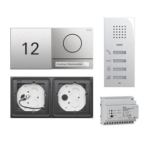 Gira 106 System 2-fach Gegensprechanlagen Set Edelstahl V4A mit Sprachmodul mit 1 RT Kunststoff und Infomodul + Wohnungsstation AP 125003 + Audio-Steuergerät mit Gravur