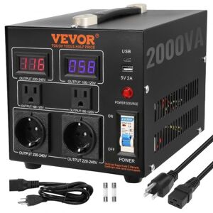 VEVOR 2000W Spannungswandler Transformator AC 110V⇋220V Transformer Wandler 2x US NEMA 5-15R 3-polige/2x standardmäßige europäische Shucko-Ausgangssteckdosen, 1x 5V-USB-Anschluss, 1x Typ-C-Buchse