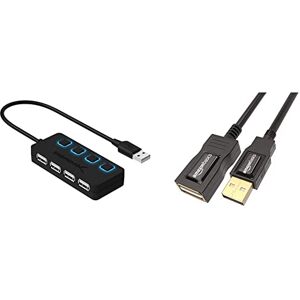 Sabrent USB HUB 4-Port USB 2.0 Hub mit einzelnen Schalter und einzelnen LEDs (HB-UMLS) & Amazon Basics 7GV4 USB 2.0 A-Stecker auf A-Buchse Verlängerungskabel (1 m), Schwarz