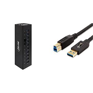 InLine 35395C USB 3.0 Hub, 10 Port, Aluminiumgehäuse, schwarz, mit 4A Netzteil & Amazon Basics USB 3.0 A-Stecker-B-Stecker-Kabel (1,8 m)