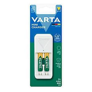 Mini Akkuladegerät für Batterien Varta, 2x AA/AAA, inkl. 2 AA-Akkus, Ladezeit 4,5 h, EU-Stecker, 100-240 V, B 43 x T 63 x H 102 mm, weiß