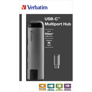 Verbatim Hub, USB 3.1-C, Multiport 2x USB 3.0, HDMI 4K, RJ45 Gigabit, Power Charge, USB-C Kabel, 15cm, Retail