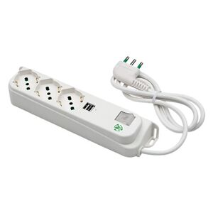 Fanton Omega Steckdosenleiste, 3 Schuko-Bypass-Steckdosen 16a + 2 Usb-A-Buchsen 5v 2,1a, 1,5 M Kabel. Italienischer Winkelstecker 16a 47450