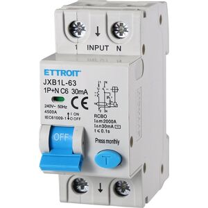 Ettroit Differentialschutzschalter Schutzvorrichtung 1p+n 6a 4.5ka 30ma 220v 2 Modules Din  Jxb1l-63-1p+n-6a