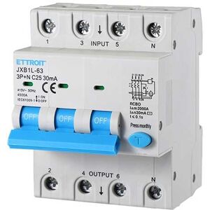 Ettroit Differentialschutzschalter Schutzvorrichtung 3p+n 25a 4.5ka 30ma 380v 4 Modules Din  Jxb1l-63-3p+n-25a