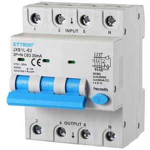 Ettroit Differentialschutzschalter Schutzvorrichtung 3p+n 63a 4.5ka 30ma 380v 4 Modules Din  Jxb1l-63-3p+n-63a