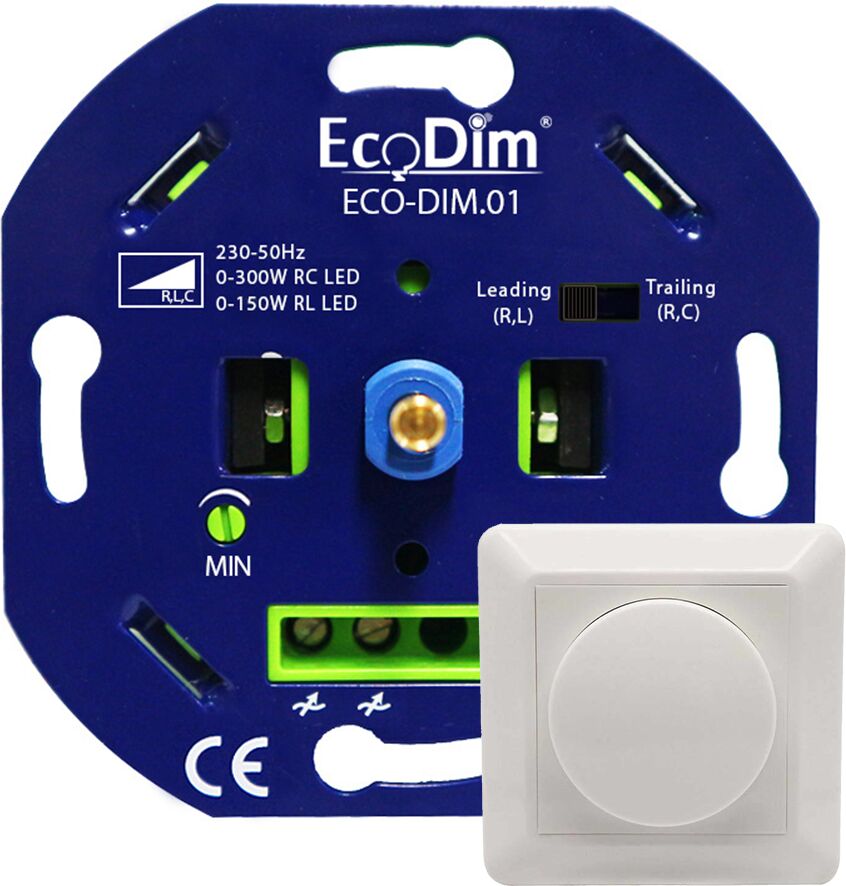 Ecodim LED Dimmer 0-300 Watt  Phasen an und abschnitt  Inkl. Blendrahmen und Knopf