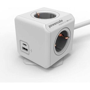 Allocacoc PowerCube forlænget - 4x Schuko, 1x USB-A og 1x USB-C - 1,5 meter kabel - Hvid/Grå