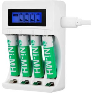 Deltaco USB Batteri Oplader til 4 x AA/AAA Ni-MH / Ni-Cd m. 4 Stk AAA Batterier - Hvid