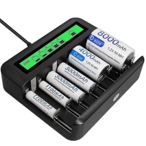 AUZHENCHEN Lcd Universal Batterioplader - 8 Bay Aa /aaa /c /d Batterioplader til genopladelige batterier med 2a usb-port, Type C-indgang, hurtig Aa /aaa batteri Ch