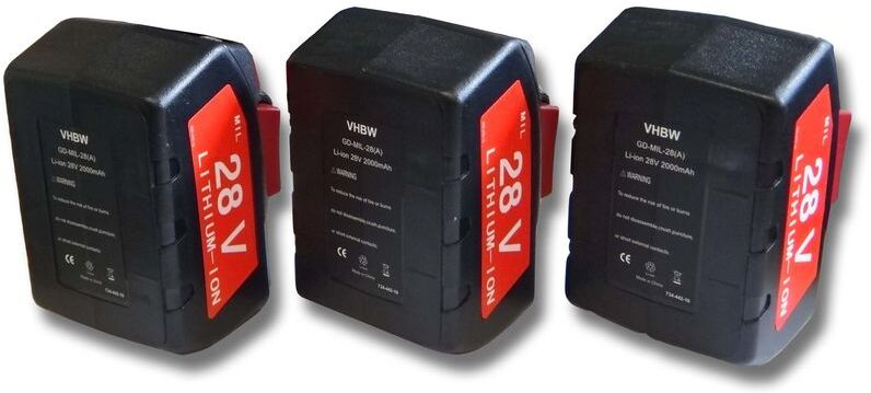 VHBW 3x Li-Ion batería 2000mAh (28V) compatible con herramientas Milwaukee