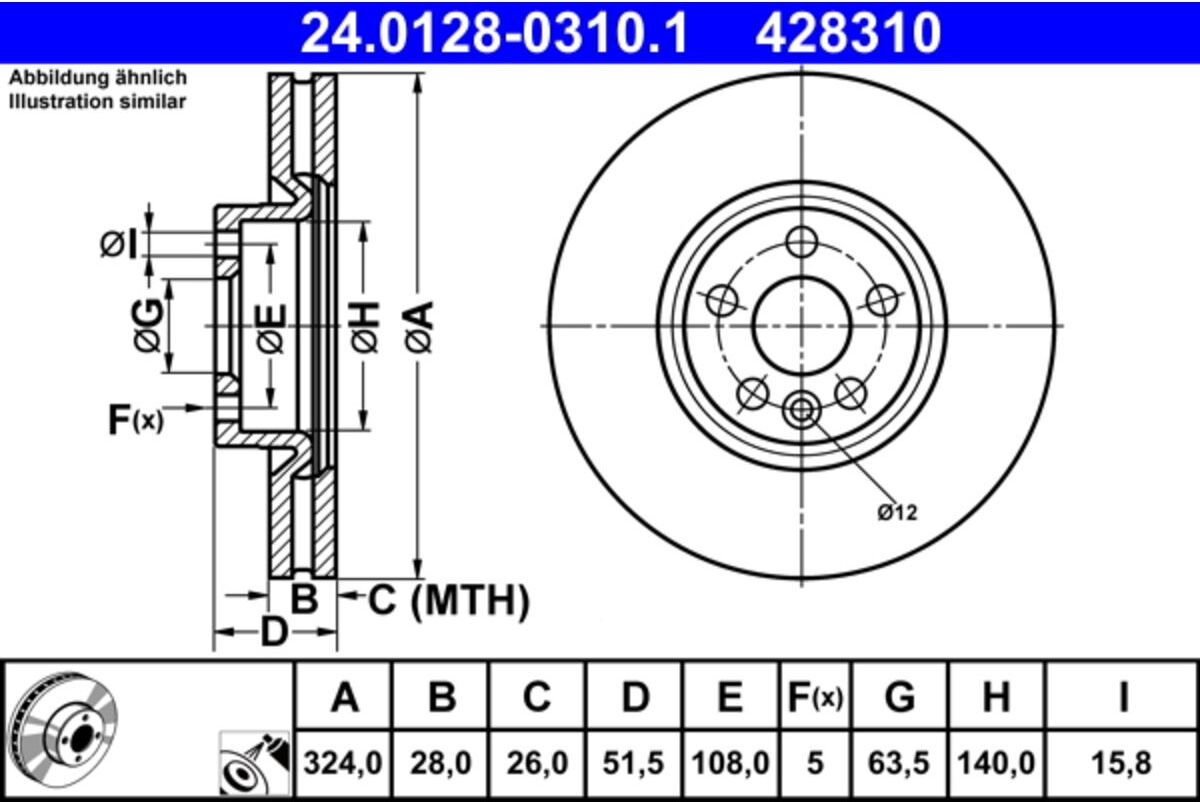 Disco de freno ATE 24.0128-0310.1 frente, ventilado, altamente carbonizado, 1 pieza