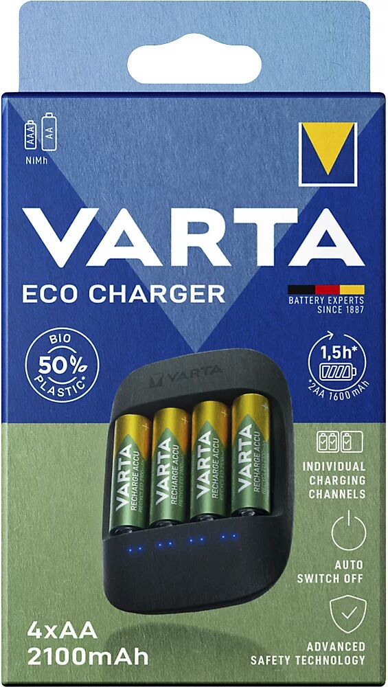 Varta Cargador ECO CHARGER, incluye 4 pilas recargables AA (2100 mAh), a partir de 4 unid.