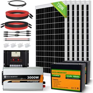 Eco-worthy - 2KW/h Kit complet de panneau solaire 720W 24V avec batterie LiFePO4 2x100Ah 12V, onduleur de Charge pure 3000W 24V, contrôleur de charge - Publicité