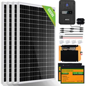 ECO-WORTHY 680W 12V kit solaire complet avec batteries pour caravanes:4x 170W panneaux solaires + 2x 100Ah batteries au lithium + 2000W 12V onduleur - Publicité