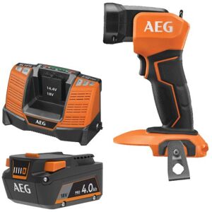 Pack AEG 18V - Lampe torche LED pivotante 340 lumens - Batterie 4.0 Ah - Chargeur - Publicité