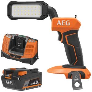 Pack AEG 18V - Lampe torche LED pivotante 800 lumens - Batterie 4.0 Ah - Chargeur - Publicité