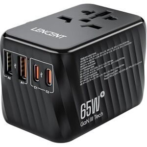 LENCENT 65W GaN III Adaptateur prise électrique avec 2 PD3,0 USB C+2 QC USB A Prise voyage universelle Téléphone PC Charge Rapide international vers UK USA AUS Canada Italie Chine Japon Thaïlande Noir - Publicité