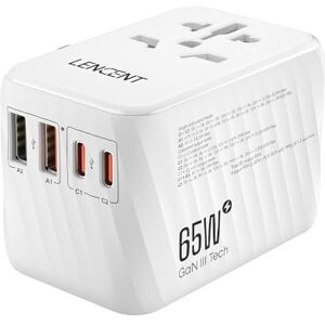 LENCENT 65W GaN III Adaptateur Prise électrique 2 PD3,0 USB C+2 QC USB A Prise Voyage Universelle Téléphone PC Charge Rapide International vers UK USA AUS Canada Italie Chine Japon Thaïlande Blanc - Publicité