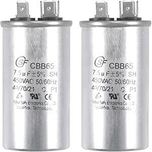 sourcing map Marche Condensateur Rond CBB65 7.5uF 7.5mfd 450V AC 40/70/21 Aluminium Coffret avec Terminal pour Climatisateur Compresseur Moteur Chaleur Pompe Condensateur 2Pcs - Publicité