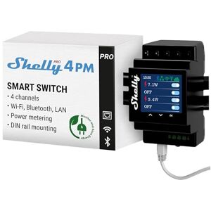 Shelly Pro 4PM   Relas interrupteur connecté avec wattmètre   Wi-Fi, LAN et Bluetooth   4 canaux 40A   rail DIN   Alexa et Google Home   Éclairage intelligent   App iOS Android - Publicité