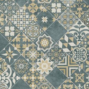 Sol Vinyle Textile - Relief 3D - Carreaux de ciment floral - Bleu foncé et ocre