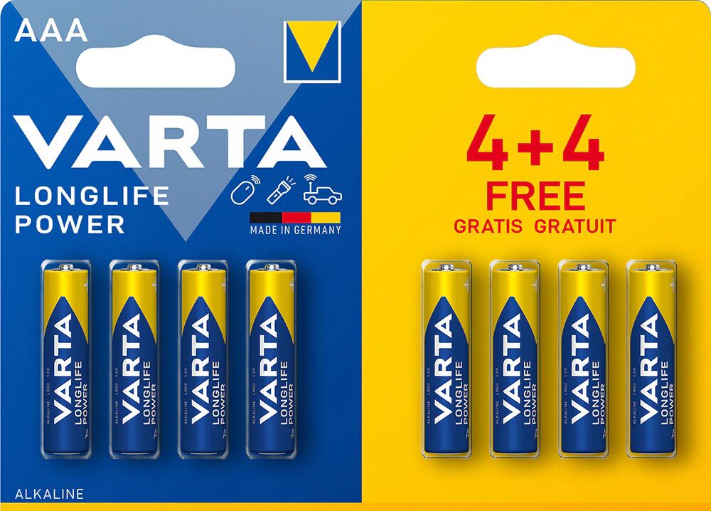 Varta Longlife Power, Batteria Alcalina, AAA, Micro, LR03, 1.5V, Blister da 4+4, Made in Germany