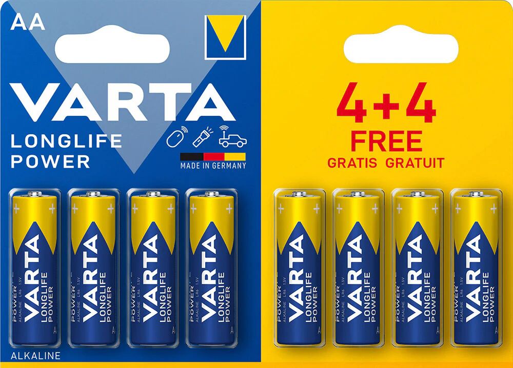 Varta Longlife Power, Batteria Alcalina, AA, Mignon, LR6, 1.5V, Blister da 4+4, Made in Germany