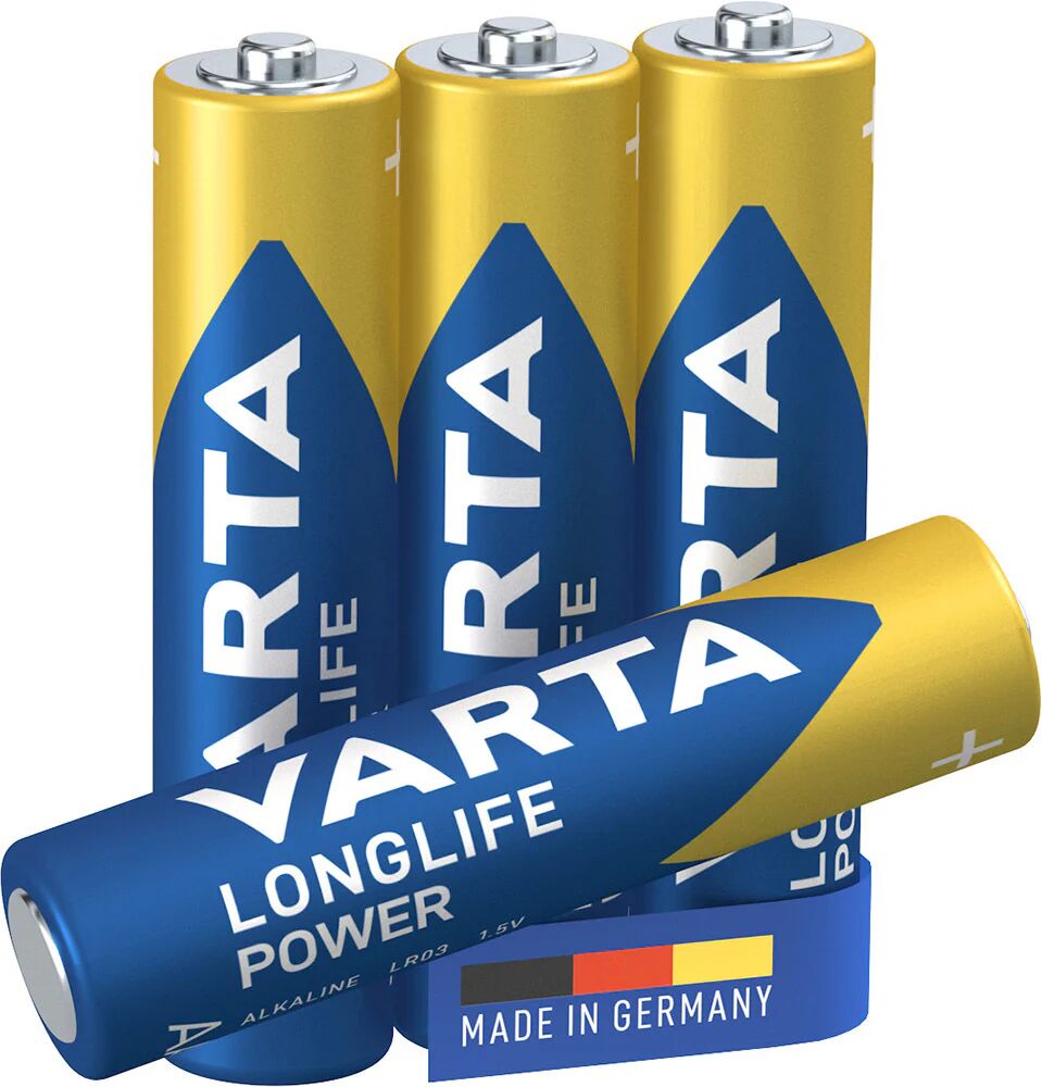 Varta Longlife Power, Batteria Alcalina, AAA, Micro, LR03, 1.5V, Blister da 4, Made in Germany