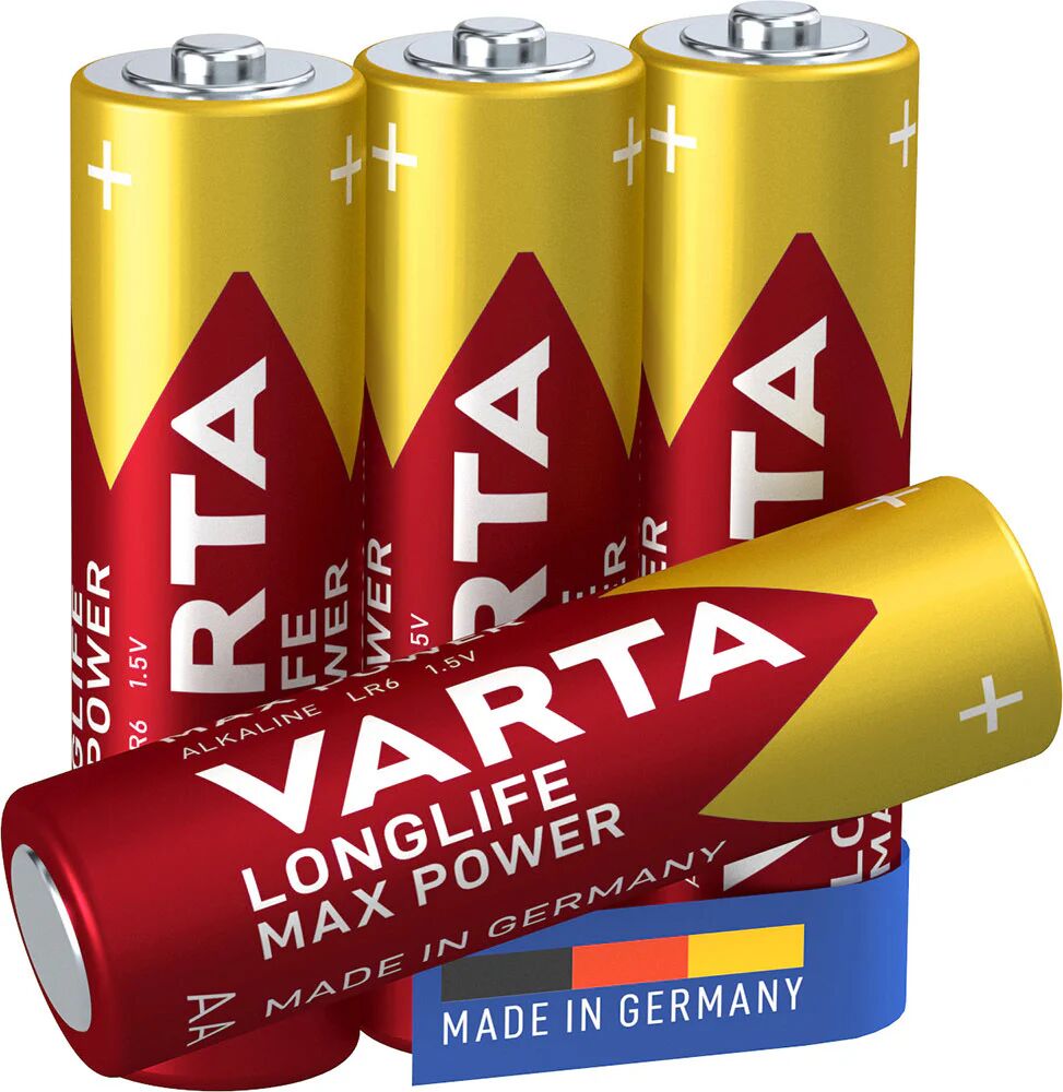 Varta Longlife Max Power, Batteria Alcalina, AA, Mignon, LR6, 1.5V, Blister da 4, Made in Germany