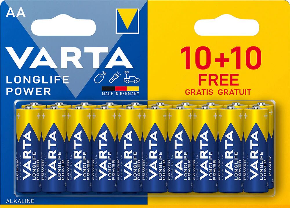 Varta Longlife Power, Batteria Alcalina, AA, Mignon, LR6, 1.5V, Blister da 10+10, Made in Germany