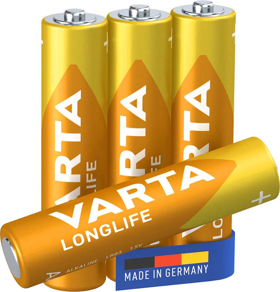 Varta Longlife, Batteria Alcalina, AAA, Micro, LR03, 1.5V, Blister da 4, Made in Germany