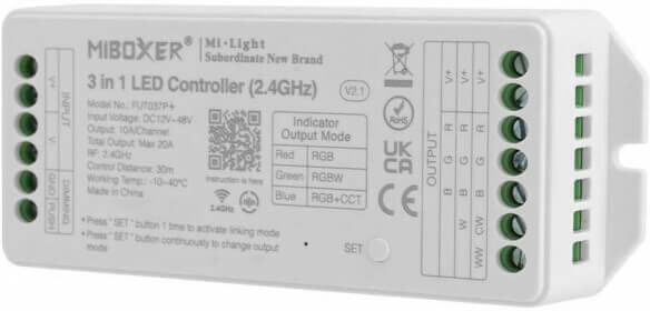 Mi-Light Ricevitore Controller RGB/RGBW/RGB+CCT 12/24V, Alta Potenza 20A, 4-Zone, Sinc. Aut., Push Dim.