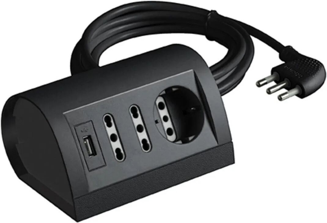 BTicino Multipresa Per Scrivania Bticino Nera Con 2 Prese 10/16a + Schuko + Usb E Cavo 2 M