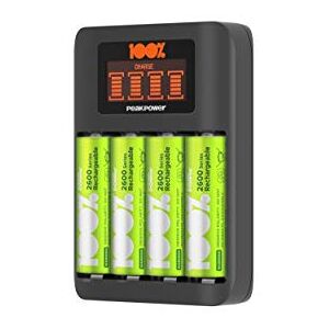 100%PeakPower Cargador Pilas Recargables AA y AAA, Carga Super Rápida 2-6  Horas, 8 Ranuras, Incluye 8 Pilas Recargables, 4 Pilas AA y 4 AAA