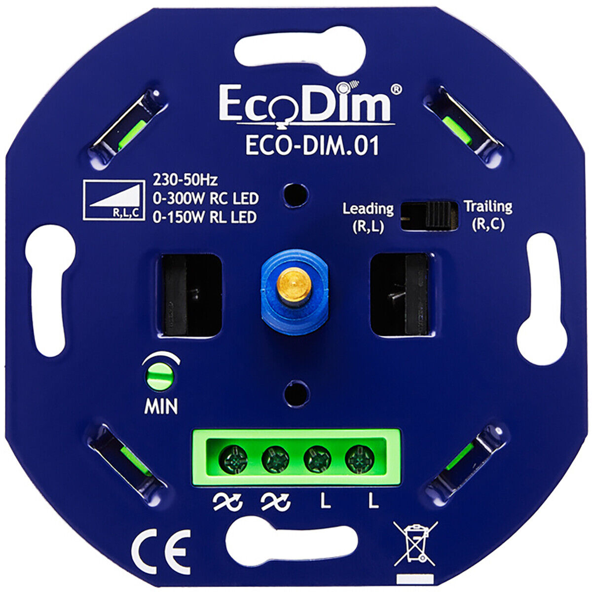 EcoDim - LED Dimmer - ECO-DIM.01 - Fase Aan- en Afsnijding RLC - Inbouw - Enkel Knop - 0-300W