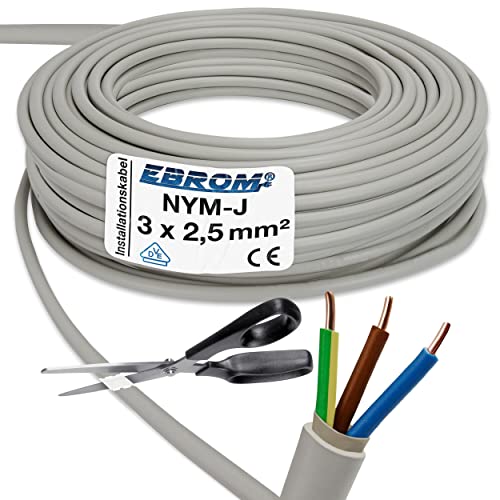 EBROM Installatiekabel NYM-J 3x2,5 mm2 kunststof installatiekabel 10m/10 m/10 meter -PVC grijs