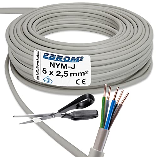 EBROM Installatiekabel NYM-J 5x2,5 mm2 Plastic installatiekabel 10m / 10 m PVC grijs