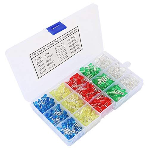 GTIWUNG 500Pcs 5mm LED-diodes, 2Pin LED-licht uitstralende diode, ronde kleur diodes, lichtdioden elektronica componenten, LED-assortiment rood blauw groen geel wit (100 per kleur)