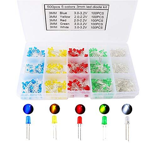 CESFONJER 500 PCS LED lichtdioden 3 mm, ronde kleur dioden 3 mm 2-polig, (5 kleuren x 100 stuks), kleur gesorteerd wit/rood/geel/groen/blauw Kit Box Set