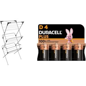 Vileda Sprint 3-Tier Clothes Airer, Indoor Clothes Drying Rack with 20 m Washing Line, Silver & Duracell Plus D Batteries (4 Pack) - Alkaline 1.5V - 100% Life Guaranteed