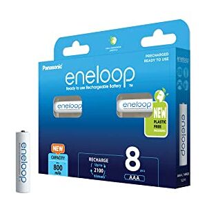 eneloop, AAA/Micro, rechargeable battery, 8-pack, capacity of 800 mAh, ready-to-use Ni-MH batteries, 2000 recharge cycles, plastic free packaging, standard, white