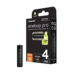 eneloop pro, AAA/Micro, rechargeable battery, 4-pack, capacity of 930 mAh, ready-to-use Ni-MH batteries, 500 recharge cycles, plastic free packaging, pro, black