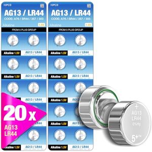 5 Plus 5Plus Group 20 Pcs LR44 AG13 357 303 SR44 A76 Battery 1.5V Button Coin Cell Batteries Ideal for Watches, Hearing Aids, Glucometers, Key Fobs, and More