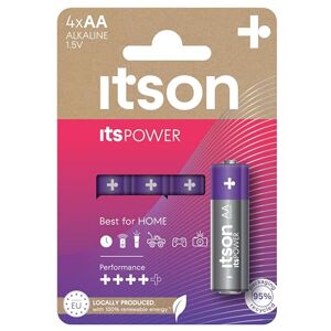 ITSON, AA batteries, pack of 4, eco-friendly packaging of 95 Percentage recycled materials, for clocks, torches, remote controls, made in EU