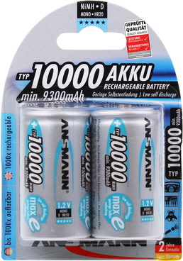 Ansmann High Capacity D HR20 10000mAh Rechargeable Batteries   2 Pack